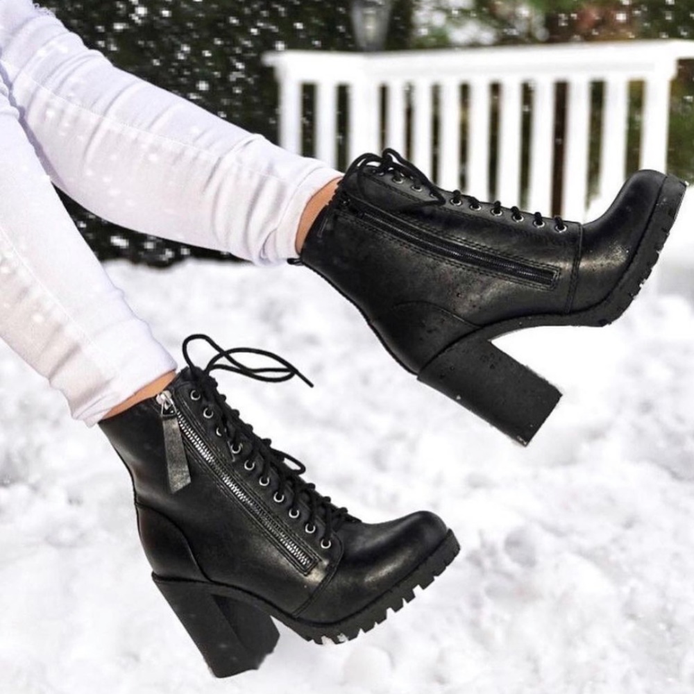 Black Lace Up High Chunky Heel Combat Boots